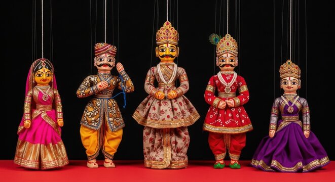 Five colorful traditional indian puppets hanging on strings against a dark black background