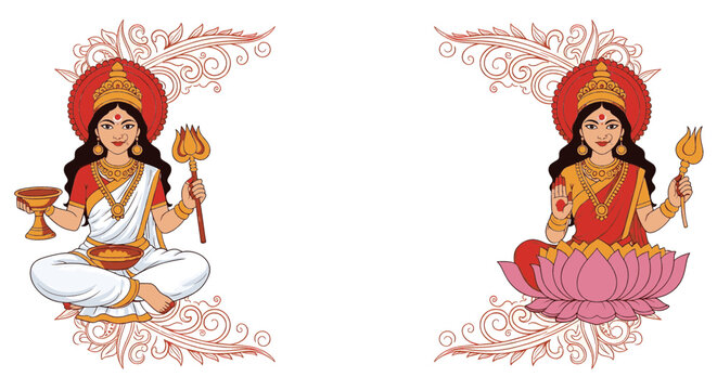 Goddess Saraswati and Lakshmi icons in traditional Indian cultural style