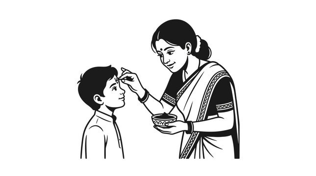 A mother applying a traditional tilak on her son forehead in a black and white illustration.