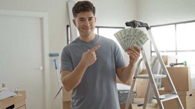 Man pointing at a fan of dollars among moving boxes and a ladder inside a building, smiling; confidence wealth success.
