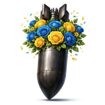 A bomb adorned with vibrant blue and yellow roses, symbolizing peace.