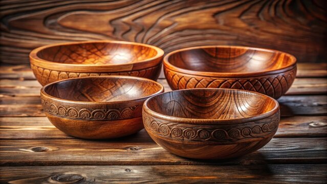 Four wooden bowls with intricately carved curved shapes sat serenely on a rustic wooden table radiating warmth and tranquility