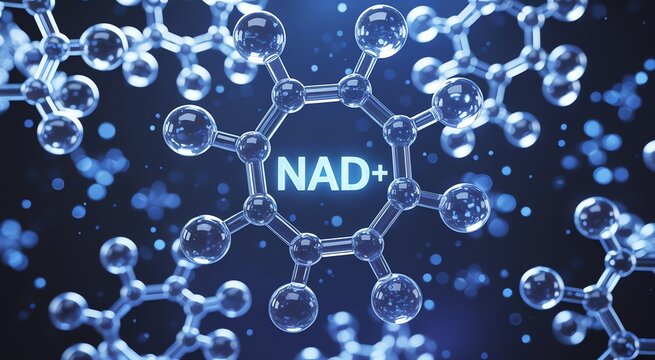 NAD+ molecule model representing anti-aging cellular health and energy metabolism for medical science research background