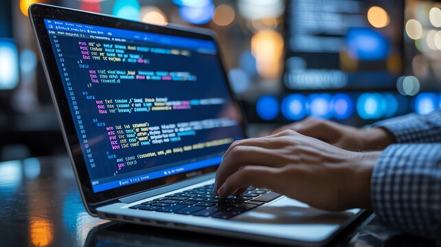 Professional software developer hands typing code on laptop keyboard at night with blurred city background