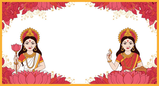 Hindu goddesses vector illustration for Saraswati Puja festival frame