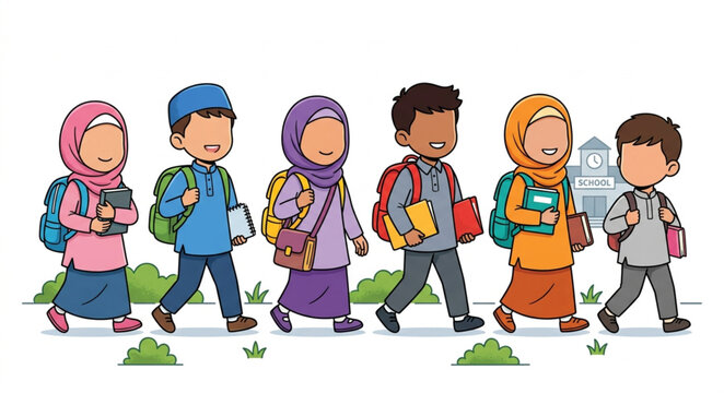 Muslim school children walking to class, diverse group of Islamic students with backpacks and books, flat vector illustration of primary school kids