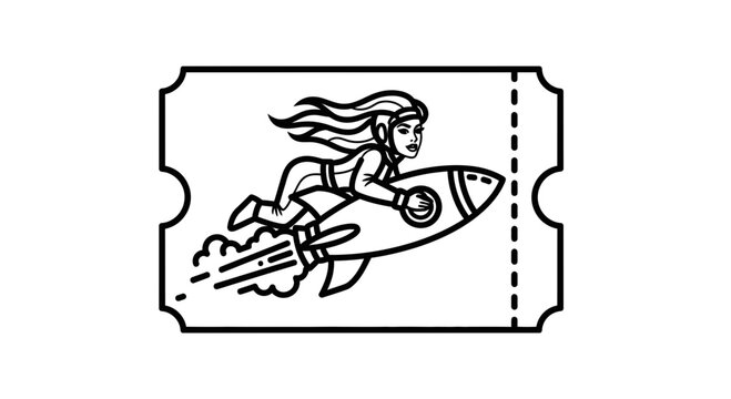 woman riding rocket on ticket