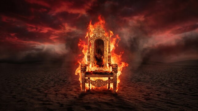 Ornate golden throne engulfed in flames stands alone within vast dark desert landscape with positioned dark sand beneath red cloudy with cloudy sky