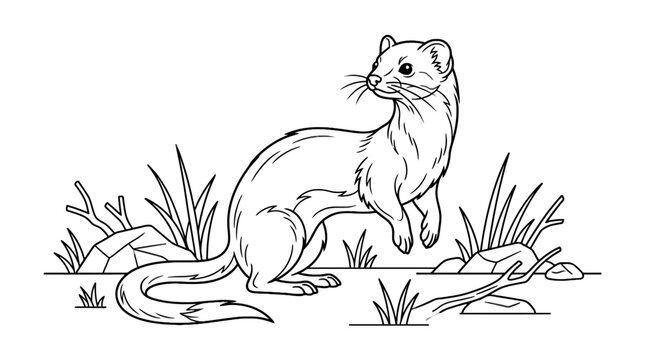 Alert weasel standing among grass and stones coloring book page