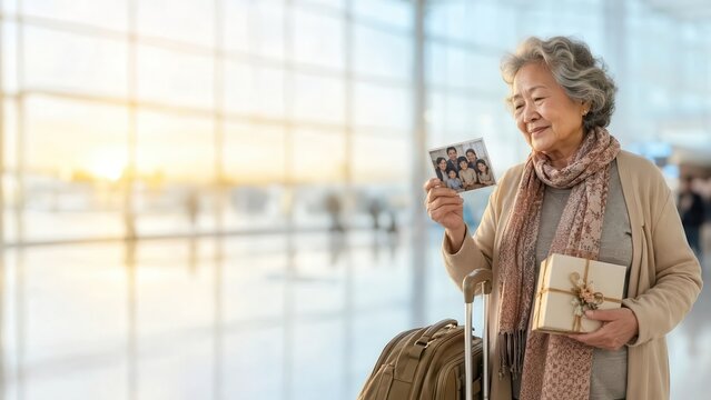 A woman is standing in an airport at sunset, clutching a cherished photo and a thoughtful gift as she eagerly awaits her flight to board