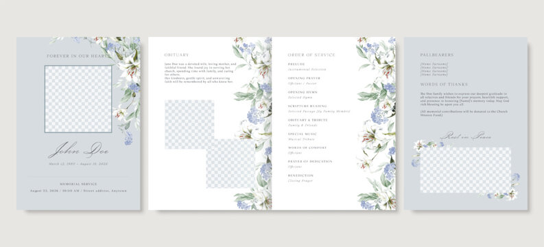 Elegant floral funeral program template, white casablanca lily memorial service vector