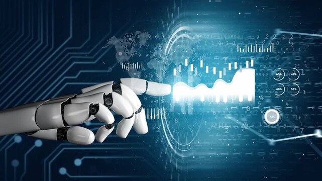 Futuristic Robot Hand Interacting with Digital Data Visualization on Blue Background Representing Advanced Technology and Artificial Intelligence Concepts. Entropy.
