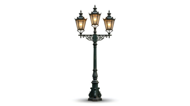 Vintage triple street lamp post with glowing lights