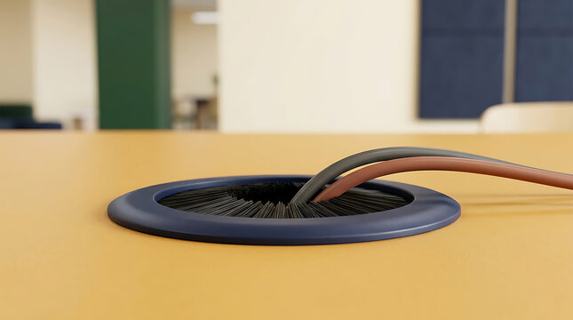 Circular desk grommet with cables passing through on a smooth yellow office table surface