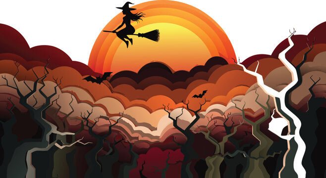 Witch flying on broomstick in scary pixel art forest