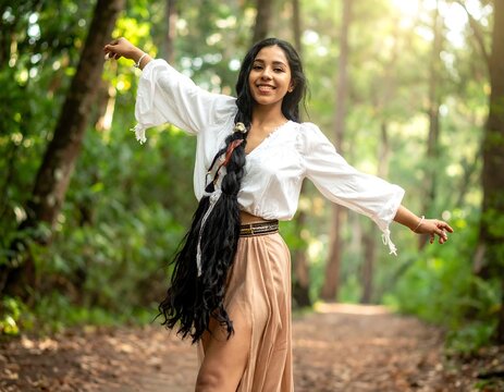 A young woman with long, dark hair poses joyfully on a forest path, her arms outstretched. She's wearing a flowing white top and a tan skirt