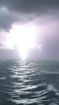Violent thunderstorm over turbulent ocean with heavy rainfall and lightning