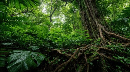 Fototapeta premium Dense Overgrown Jungle with Thick Tangled Lianas and Colossal Ferns