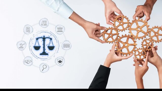 This image showcases collaborative hands holding gears, symbolizing teamwork in law and justice, complemented by legal icons and scales for a professional approach. Raster
