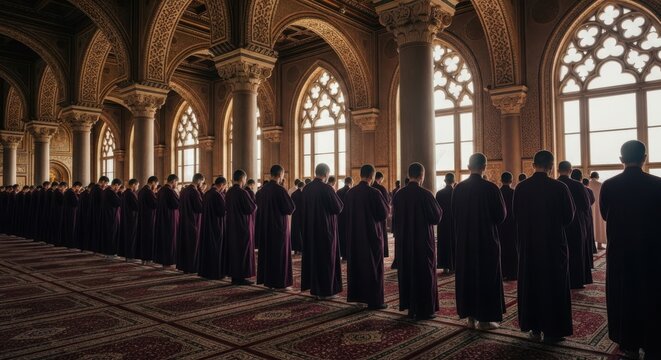 Group of buddhist monks standing in a row inside a large beautiful temple with tall windows