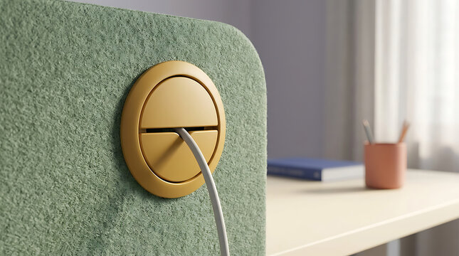 Round yellow cable grommet inserted into a textured green felt acoustic wall panel for office desk