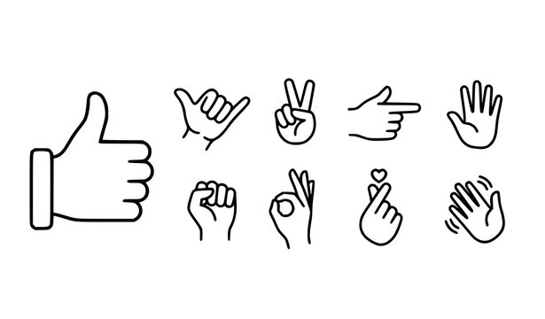 Hand gestures line icon set featuring thumbs up peace sign finger heart pointing waving and ok symbols for human communication communication graphics