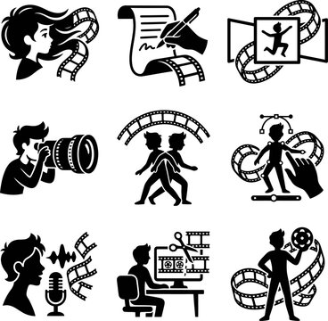 Animation production line black glyph icons set. Character rigging, rotoscoping, sound recording, editing software. Pictograms.