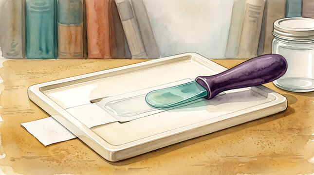 Watercolor painting of a spatula spreading paste on a surface near a glass jar and books