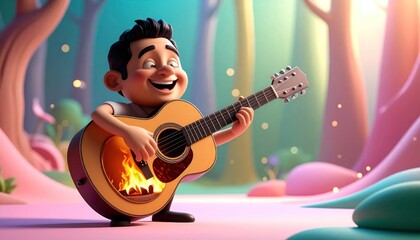 Fototapeta premium Cartoon boy playing guitar in forest.