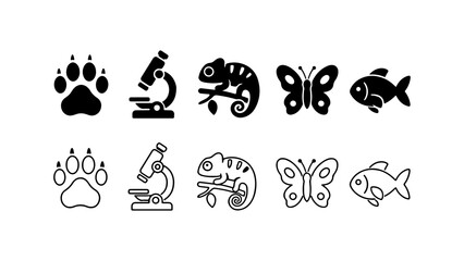 Fototapeta premium Biology Animal and Science Icon Set in Silhouette and Line Art Style
