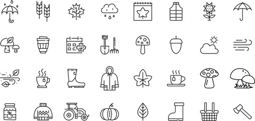 Fototapeta premium Seasonal Lifestyle Line Icons Set Weather Food Nature Outline Vector Collection