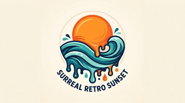 Surreal retro style logo featuring vibrant sunset over dynamic wave artwork with text with showcases whimsical logo blending glowing sunset flowing framed circular outline accompanied bold typography
