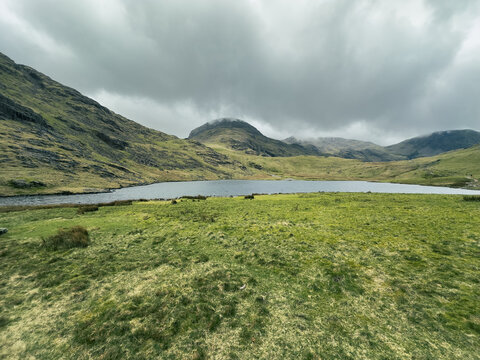 natural landscape of Scafell Pike mountain area in mist