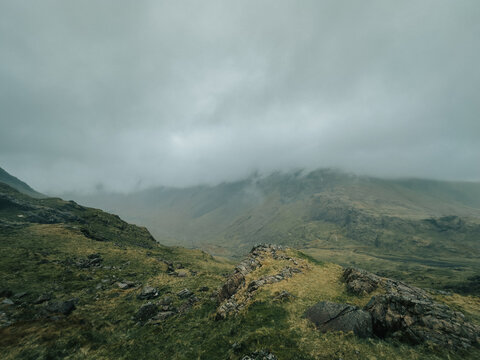 natural landscape of Scafell Pike mountain area in mist