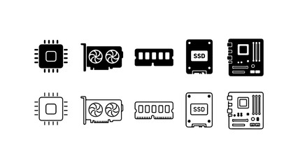 Fototapeta premium Computer Hardware Icons Set in Silhouette and Outline Style Vector