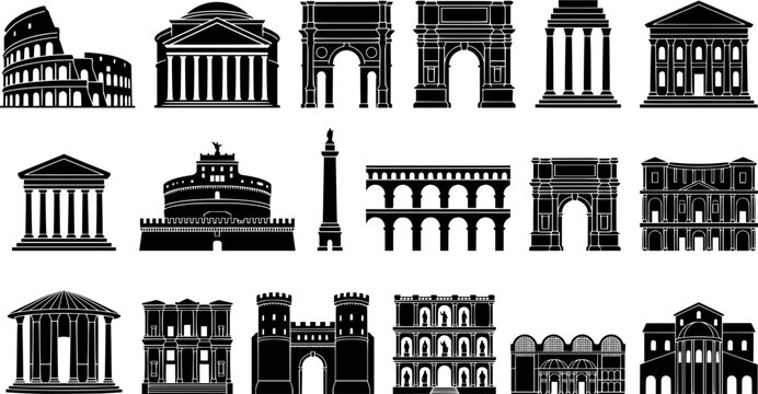 Ancient Roman Landmarks and Classical Architecture Black Silhouette Icon Set