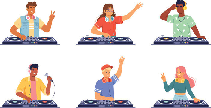 DJ characters mixing music on turntable decks vector illustration setDJ characters mixing music on turntable decks vector illustration set