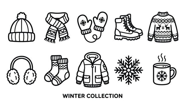 Set of Linear Winter Clothing and Seasonal Accessories for Cold Weather