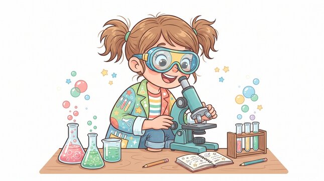 2D cartoon of a young child happily using a microscope.