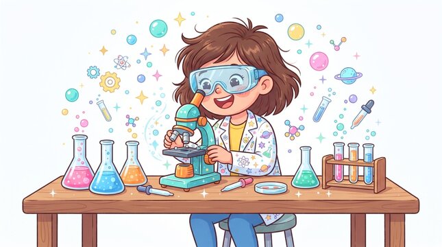 2D cartoon of a young child happily using a microscope.