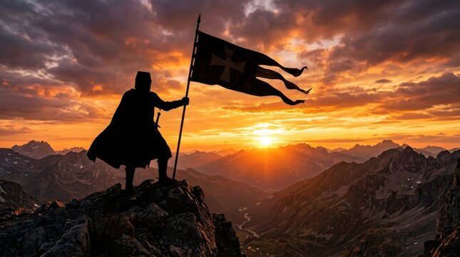 Silhouette of Medieval Knights Templar Standing on Mountain with Cross Flag at Sunset