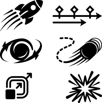 Vector icons set of animation paths and motion effects including rocket launch path projectile trajectory scaling transform and radial cycle for creative design tasks.