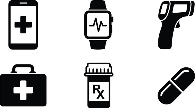 Digital healthcare and medical icon set featuring smartphone health app smartwatch pulse tracker infrared thermometer first aid kit rx pill bottle and capsule vector
