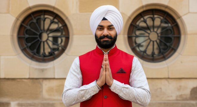 Young indian man wearing a turban and red vest greeting with hands together in traditional style
