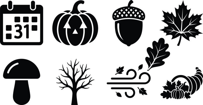  Fall season elements and October thirty first holiday icons collection including jack o lantern pumpkin cornucopia blowing wind and leaves