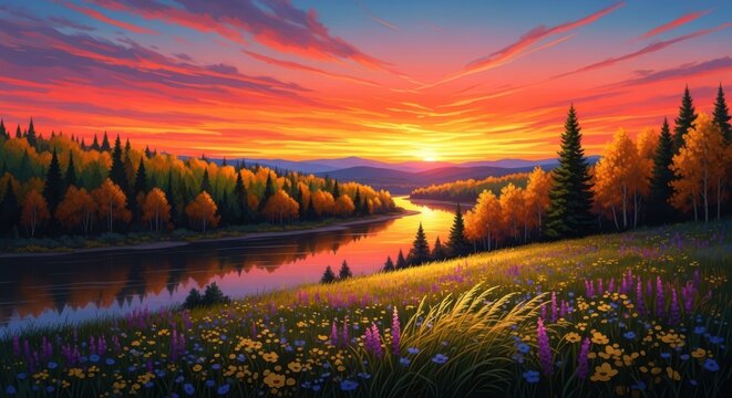 Beautiful sunset over a river in a pine forest with colorful clouds and mountains in the distance