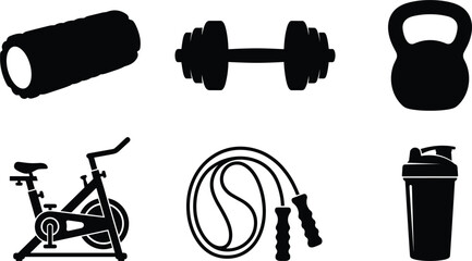 Fitness and gym workout silhouette icon set featuring foam roller dumbbell kettlebell stationary exercise bike jump rope and protein shaker bottle vector © Rakib