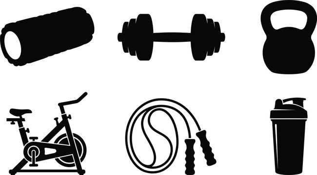 Fitness and gym workout silhouette icon set featuring foam roller dumbbell kettlebell stationary exercise bike jump rope and protein shaker bottle vector