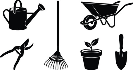 Gardening and agricultural silhouette icon set featuring watering can wheelbarrow pruning shears leaf rake plant pot and hand trowel shovel vector illustration © Rakib