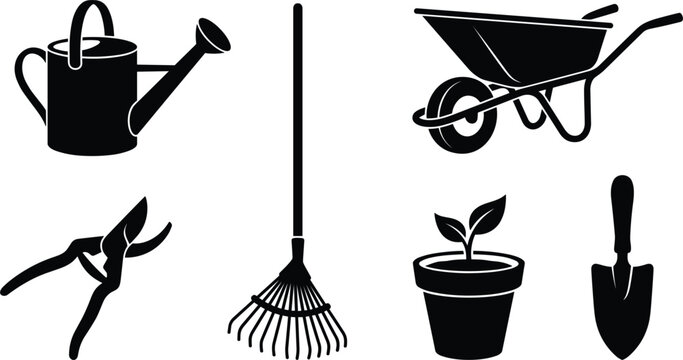 Gardening and agricultural silhouette icon set featuring watering can wheelbarrow pruning shears leaf rake plant pot and hand trowel shovel vector illustration